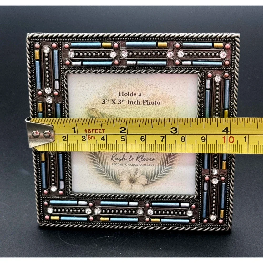 Picture Frame Mosaic Rhinestone  Unisex 3 by 3 Silver Blue Eclectic Coastal Glam